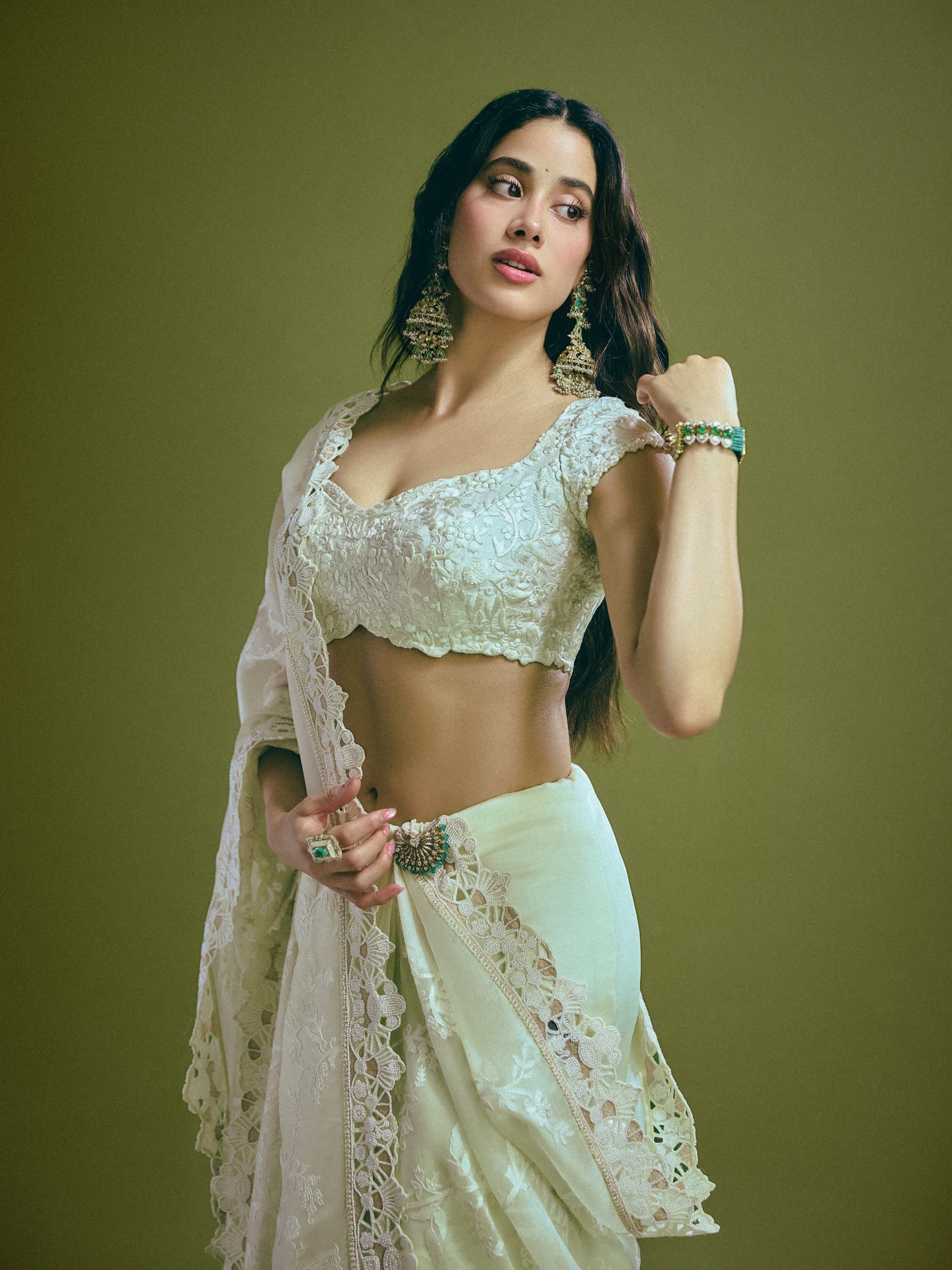 Peddi Actress Janhvi Kapoor Defines Ethereal Elegance in White and Pastel Saree Look